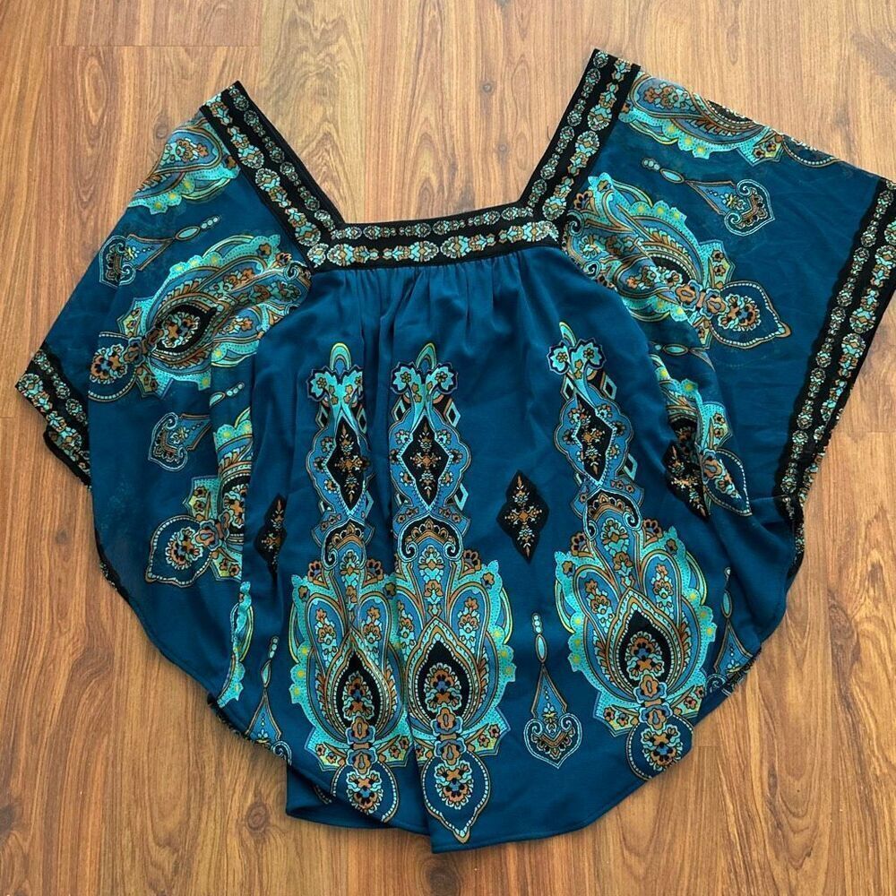 Inc international concepts teal blue turquoise BoHo poncho top mesh sleeves Y2K
